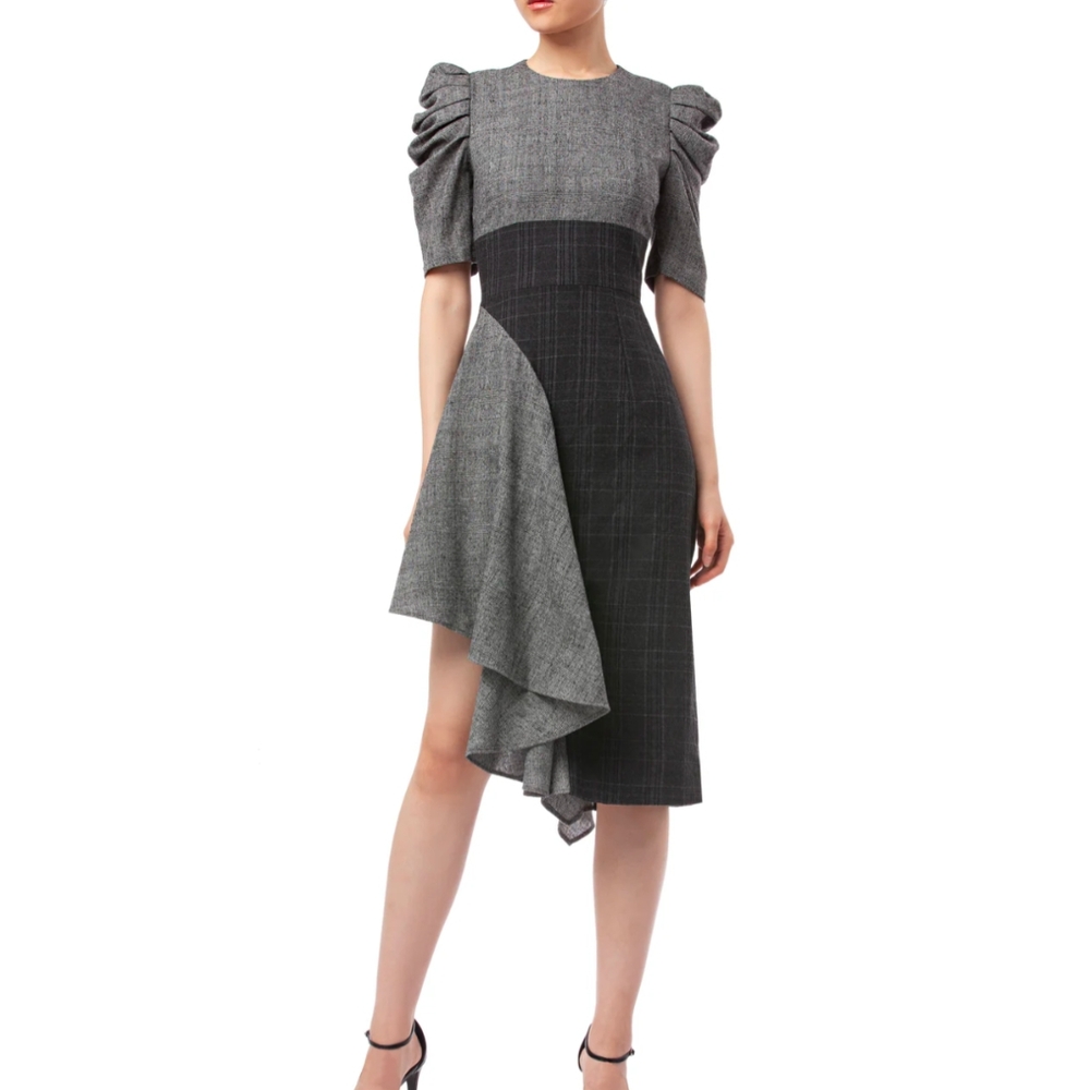 AMUR Grey / Black Ruffle Uma Midi Dress $548 Sz Zero